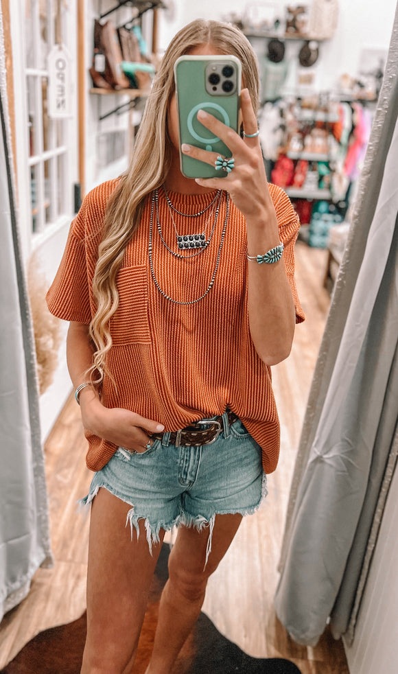 Ribbed Oversized Front Pocket Top- Rust