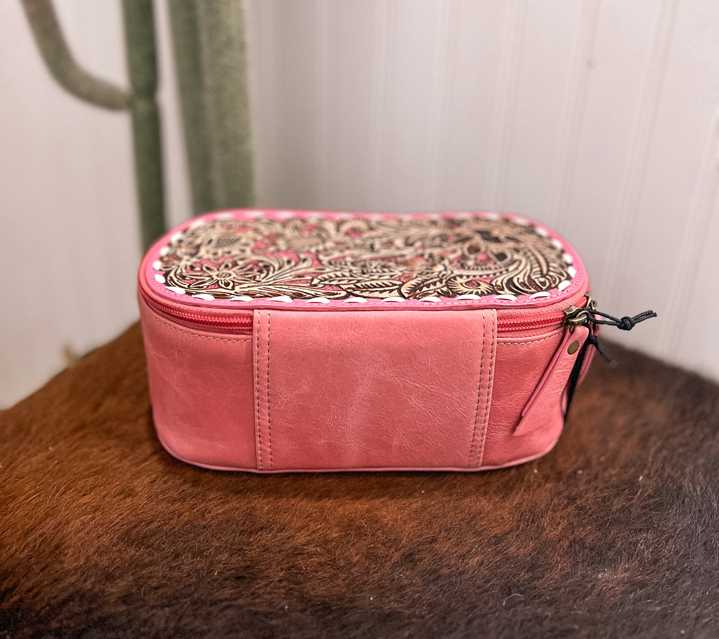Pink Tooled Leather Make Up Bag