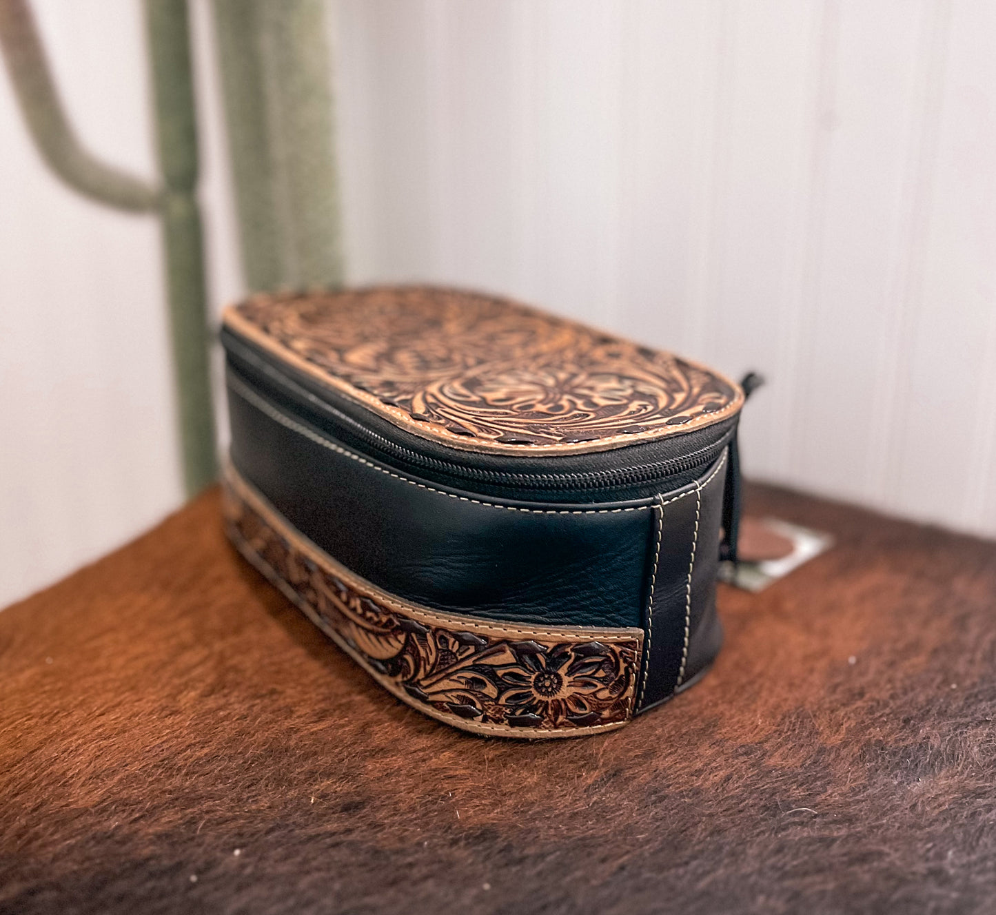 Black Tooled Leather Make Up Bag