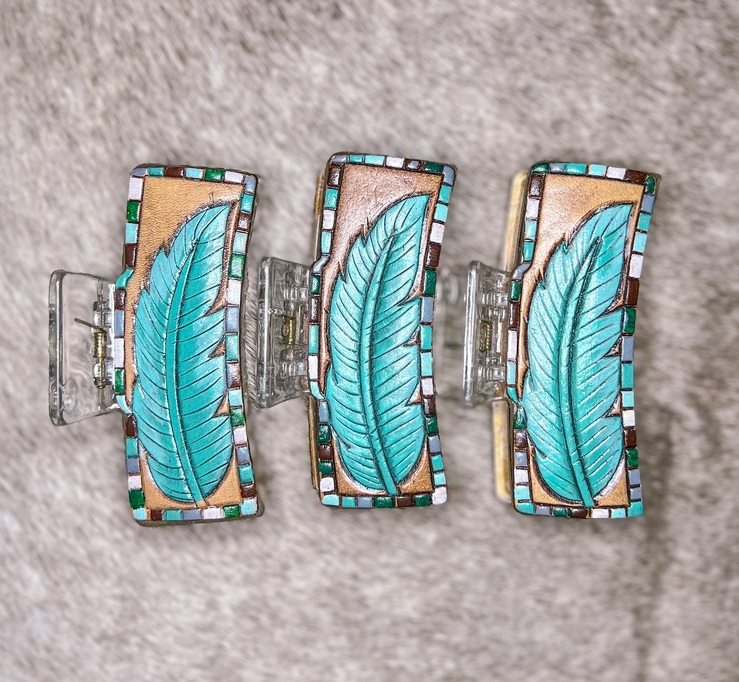 Feather Tooled Leather Claw Clip