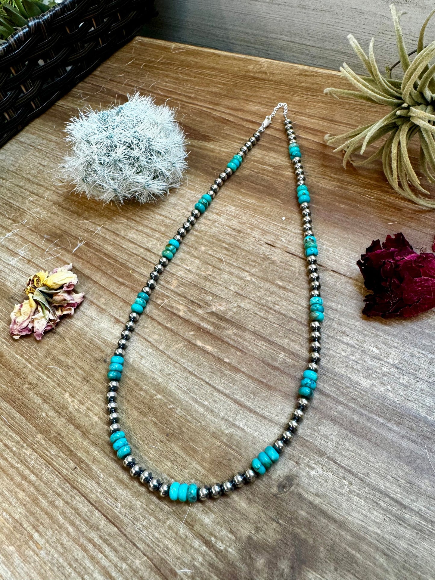 18” 5mm Sterling Silver Pearls & Turquoise Rondelle Necklace