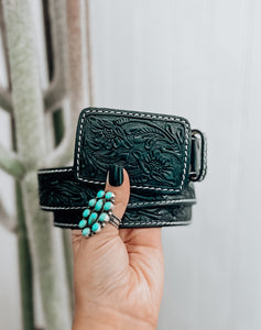 Black Tooled Belt with Tooled Belt Buckle