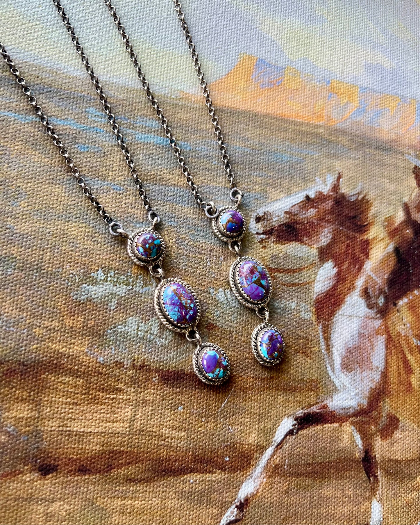 Purple Mojave 3 Stone Drop Necklace