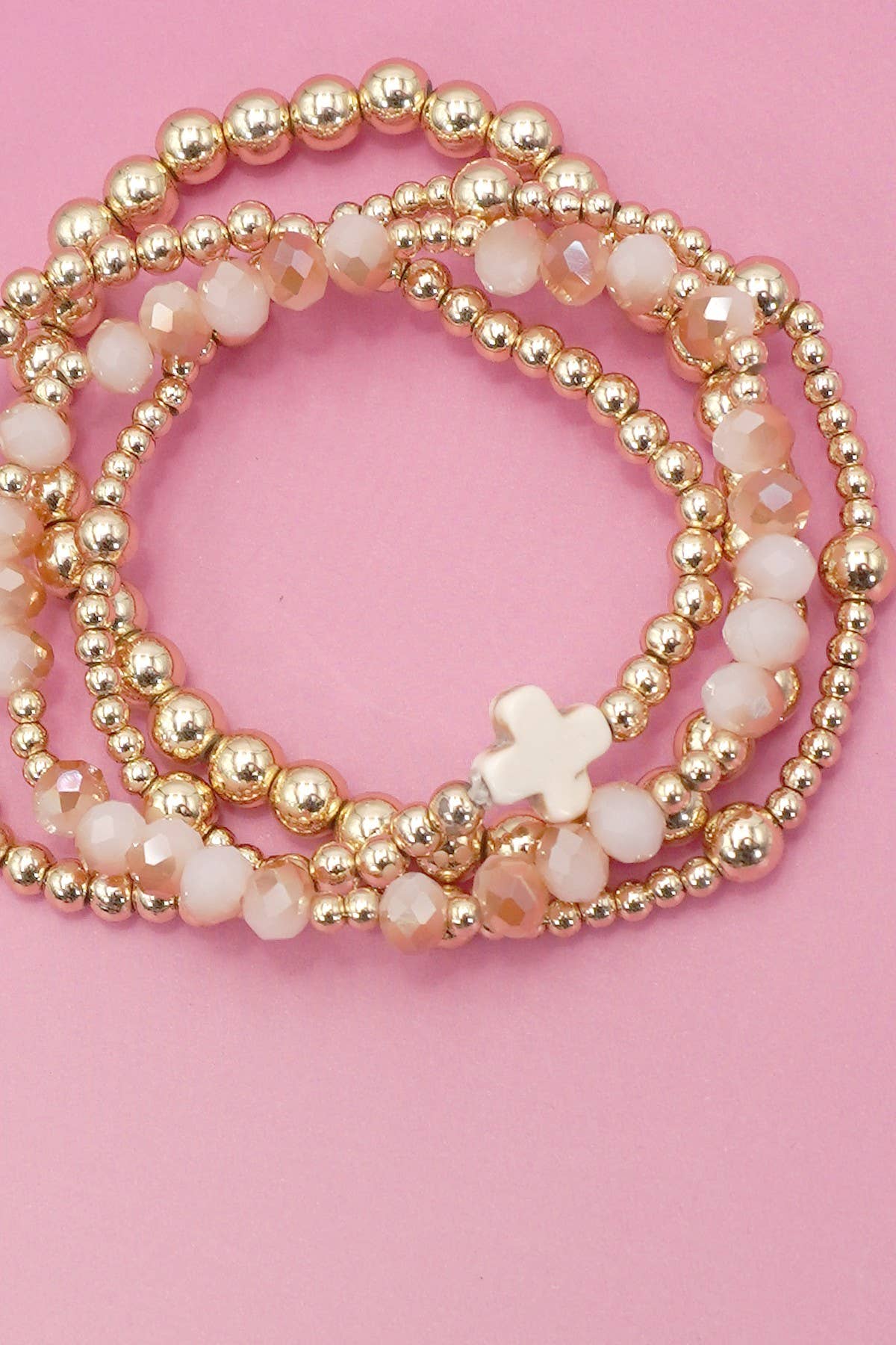 Boho Cross Beaded Stretch Bracelet *Pink