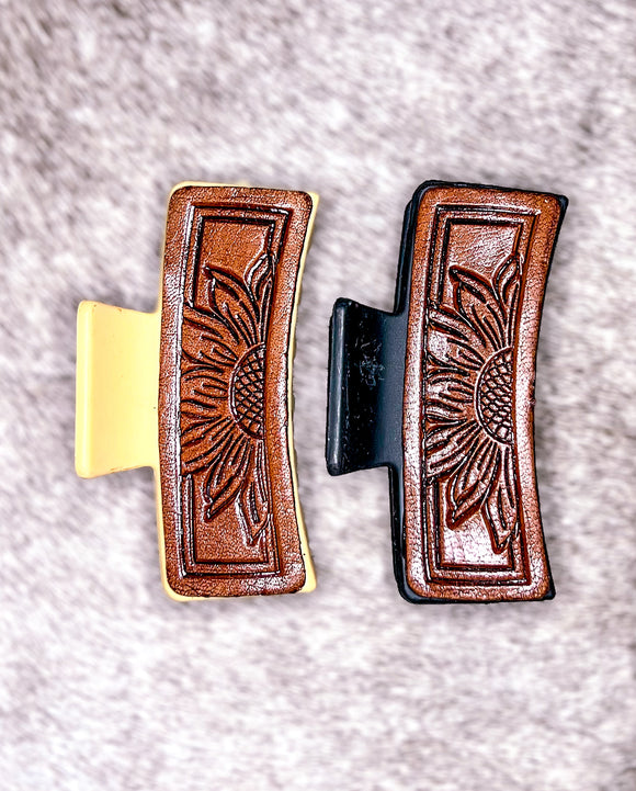 Sunflower Tooled Leather Claw Clip