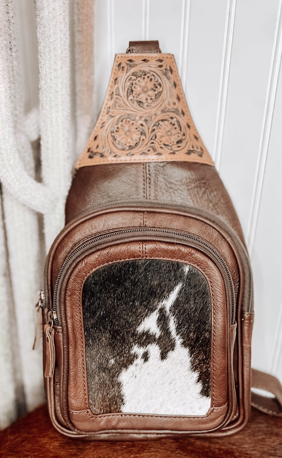 Brown Tooled Leather & Cowhide Sling Bag