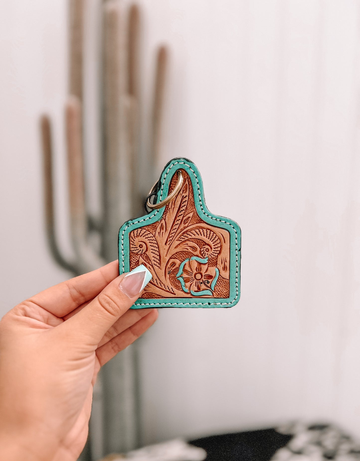 Desert Spring Hand-tooled Leather Keychain