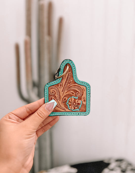 Desert Spring Hand-tooled Leather Keychain