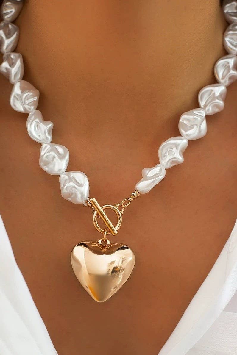 Pearl Beaded Heart Charm Toggle Necklace
