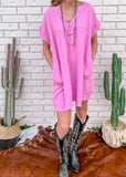 Gauze Raw Edge V-Neck Dress- Candy Pink