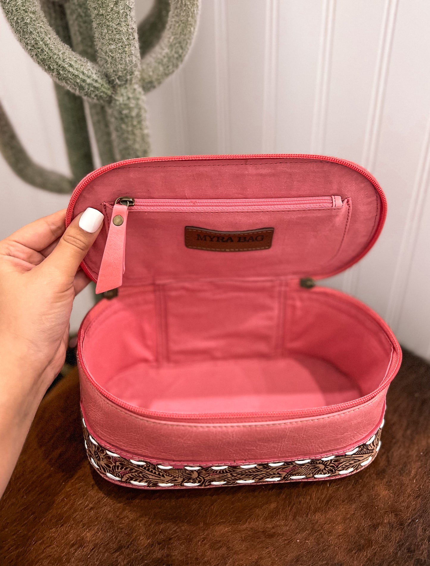 Pink Tooled Leather Make Up Bag