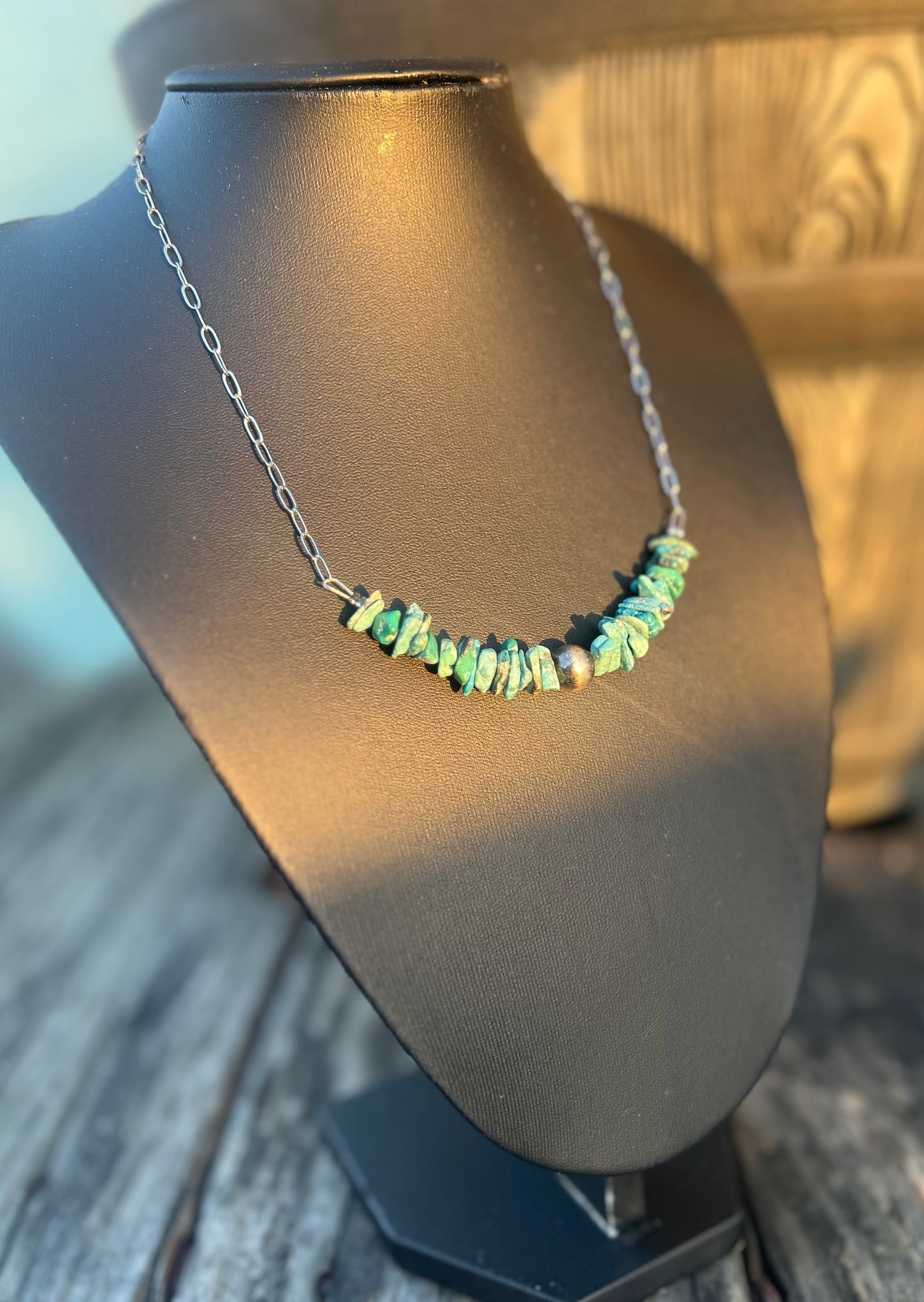Green Turquoise Chip with Sterling Silver Pearl Necklace