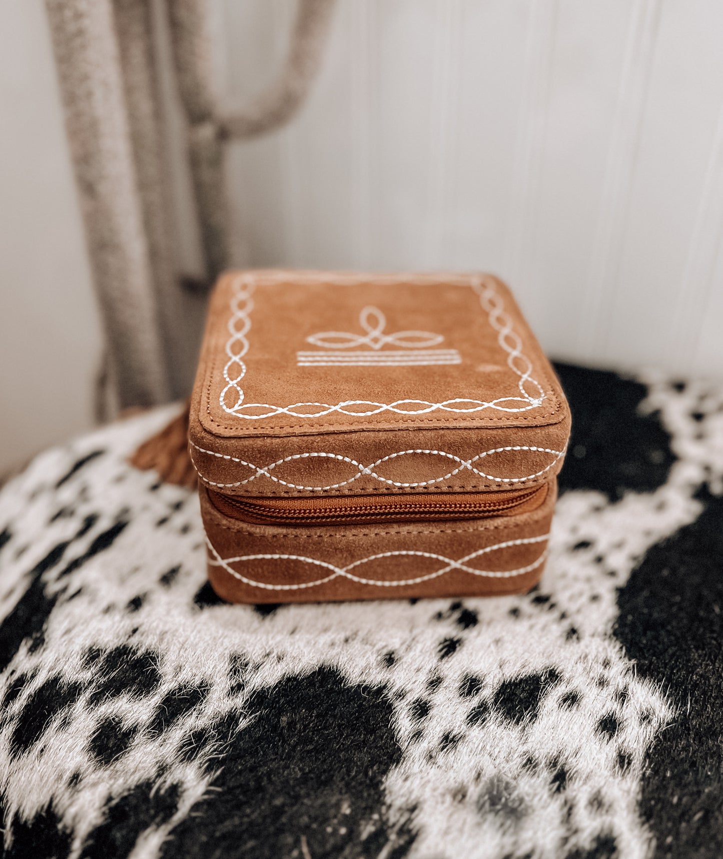 Tan Boot Stitch Square Jewelry Box