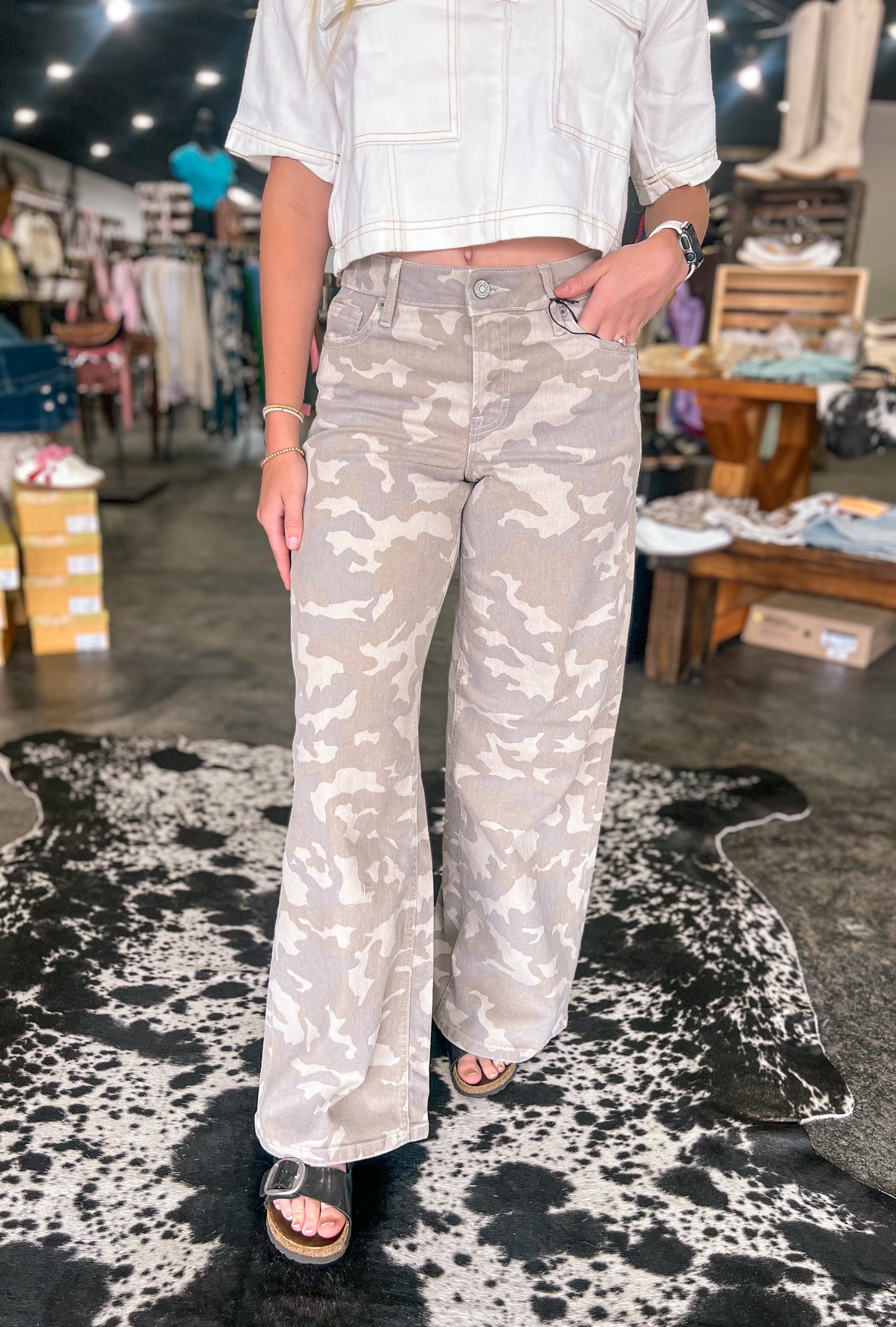 Tan Camo Wide Leg Jeans