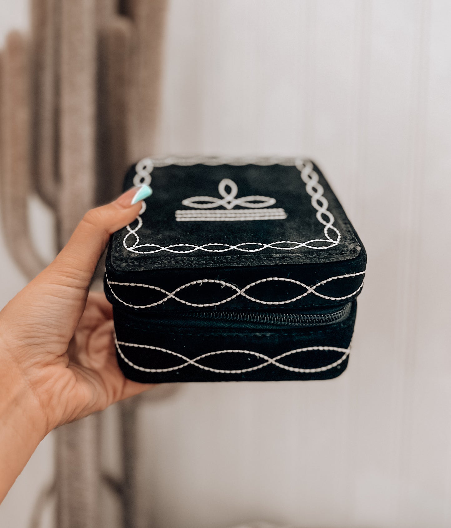 Black Boot Stitch Square Jewelry Box