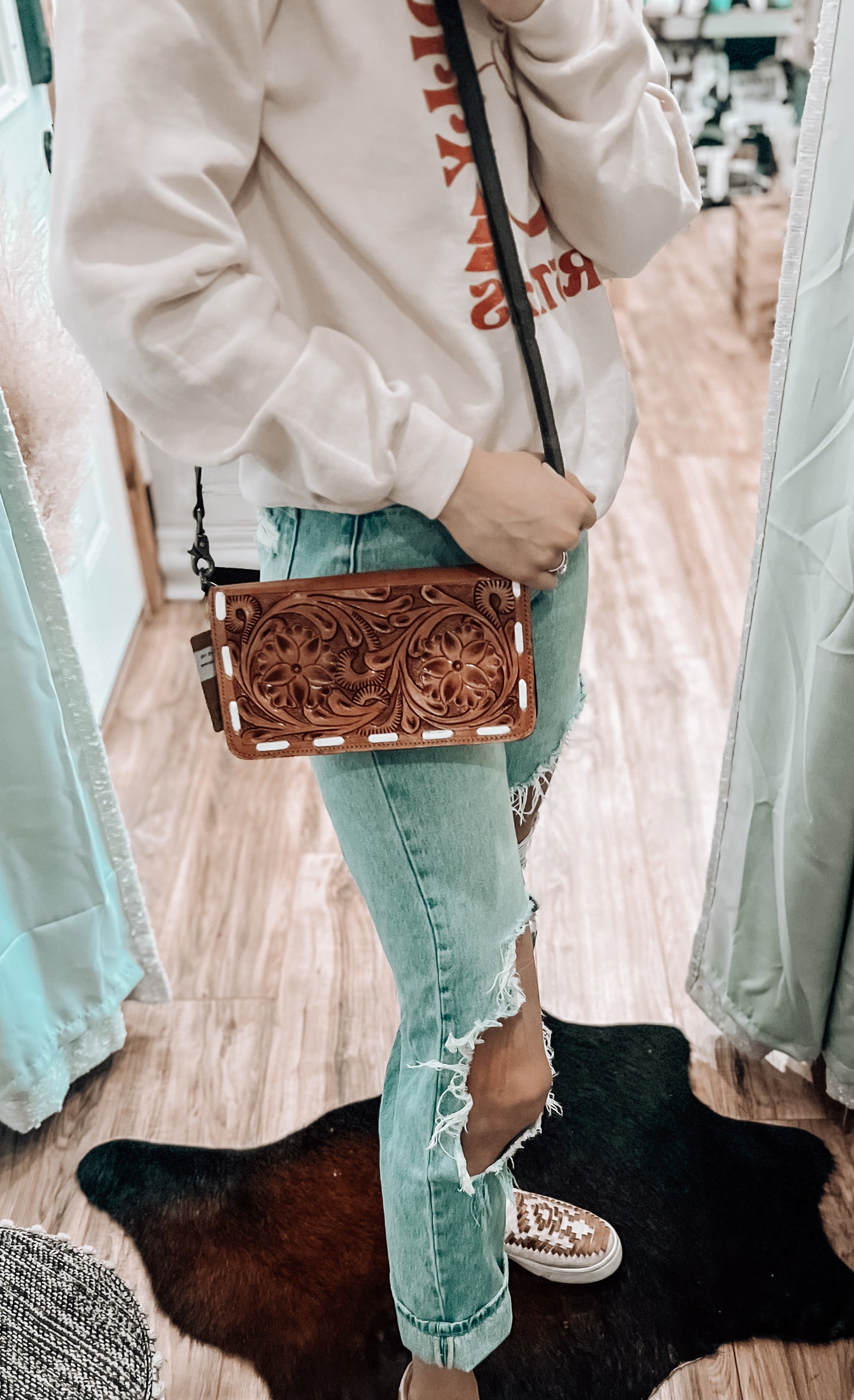 Tooled Wallet with Crossbody Strap
