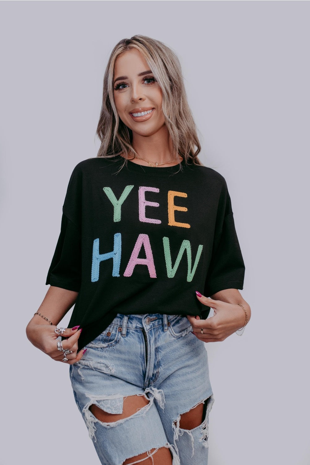 Yee Haw Rope Embroidered Crop Tee
