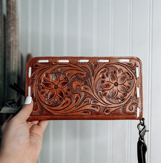 Tooled Wallet with Crossbody Strap