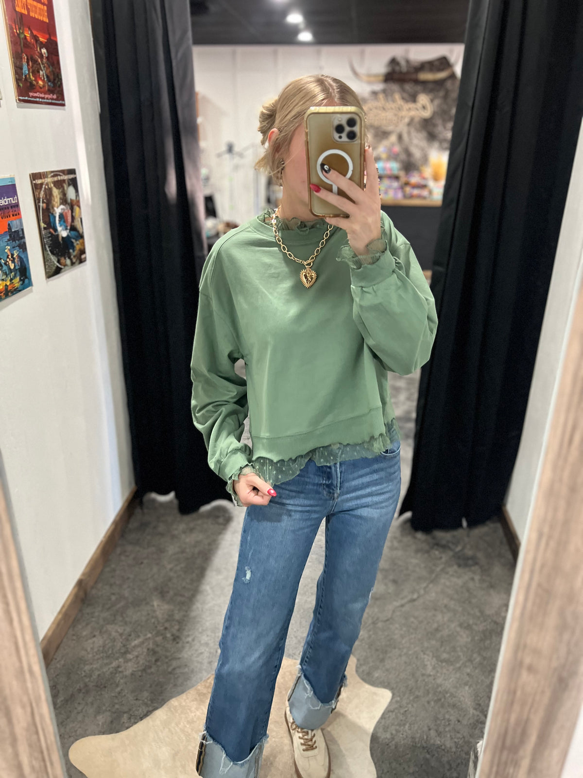 Olive Lace Trim Sweatshirt