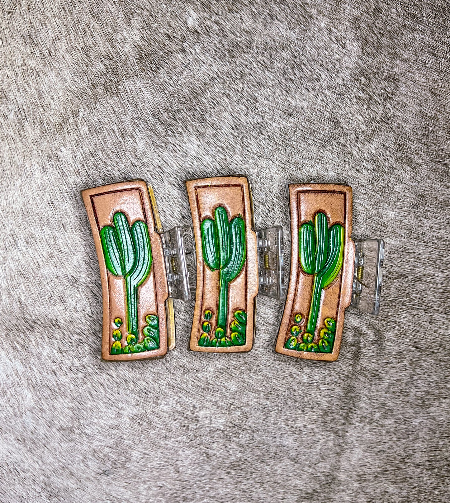 Saguaro Cactus Tooled Leather Claw Clip