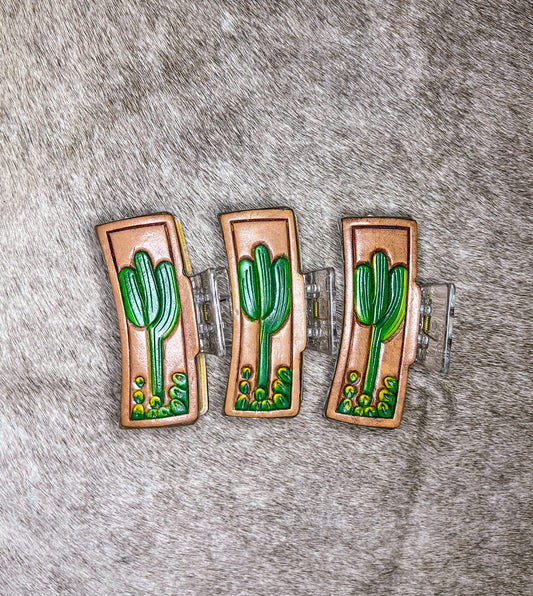 Saguaro Cactus Tooled Leather Claw Clip