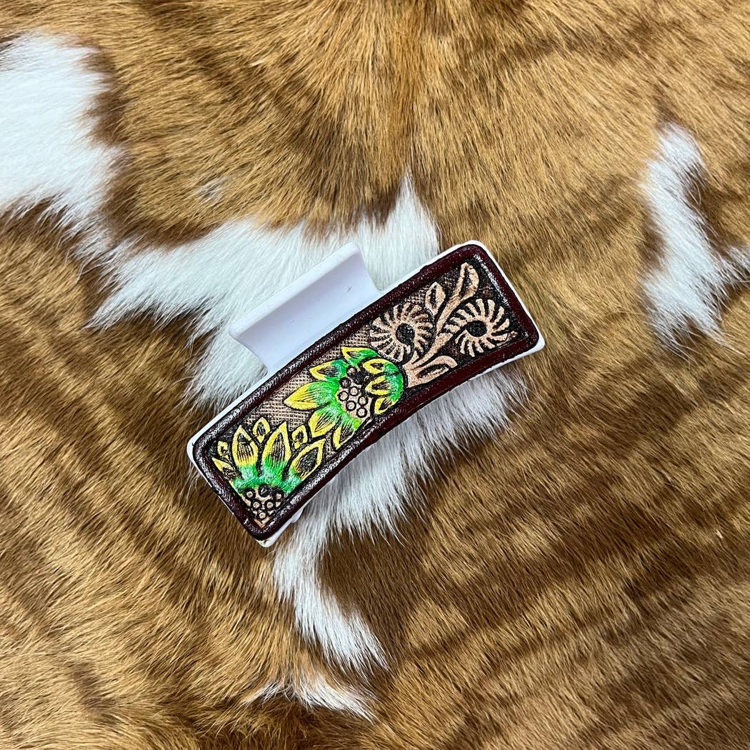 Sunflower Tooled Leather Claw Clip