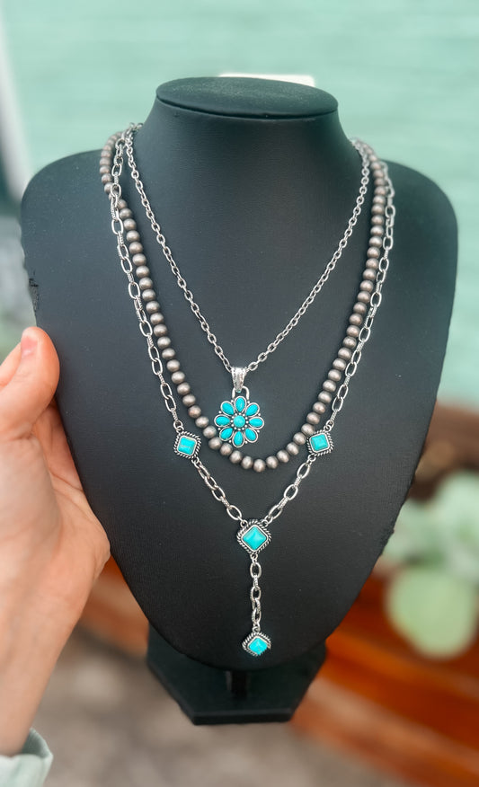 Layered Flower Turquoise Lariat Necklace