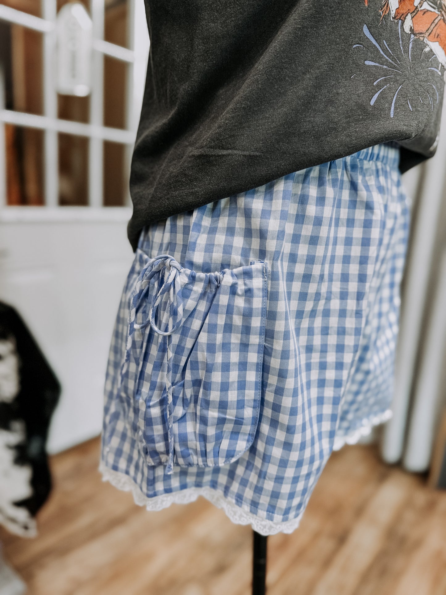 Gingham Lace Lined Bow Tie Shorts *Baby Blue