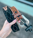 Black Suede Buckstitch Tooled Leather Belt