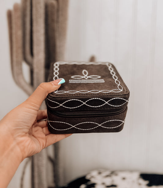 Brown Boot Stitch Square Jewelry Box