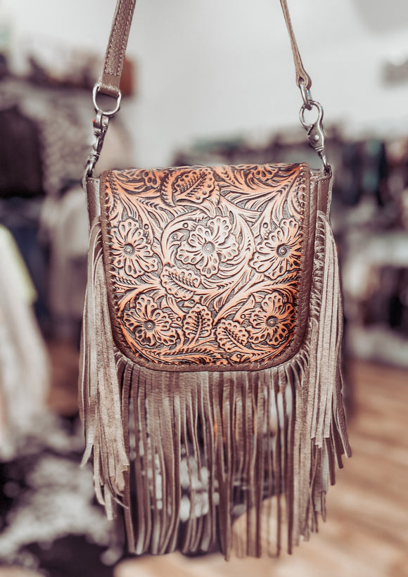 Brown Tooled Leather Fringe Crossbody Purse