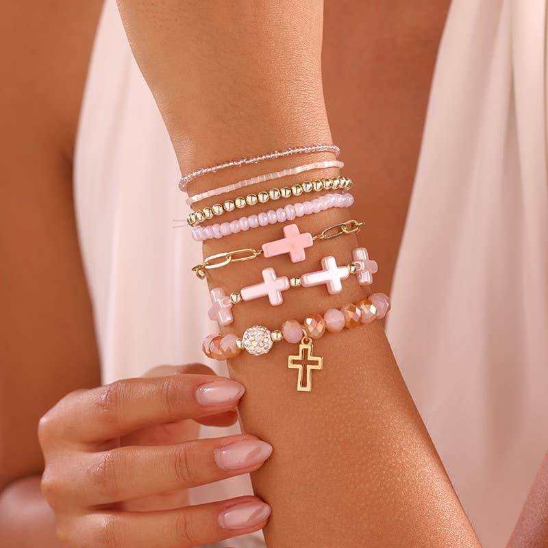 Cross Charm Mixed Beaded Bracelet Set * PINK