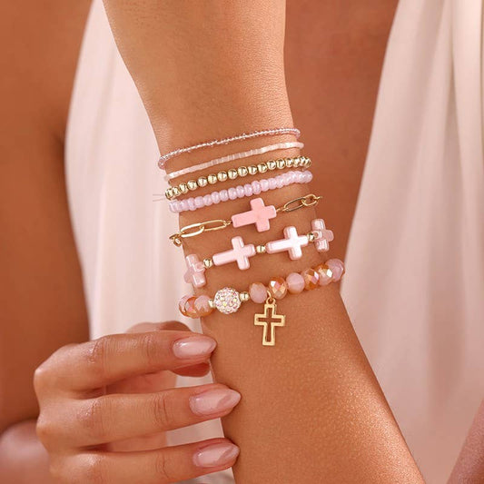 Cross Charm Mixed Beaded Bracelet Set * PINK