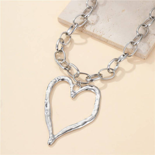 Statement Hammered Open Heart Necklace *Silver
