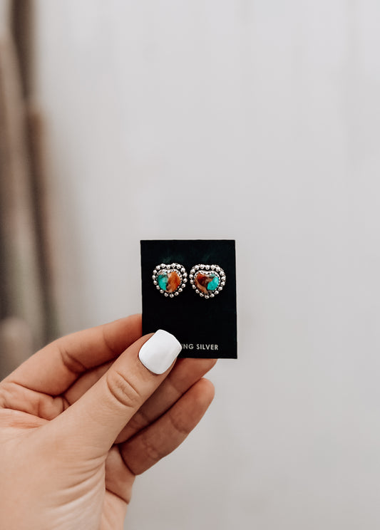 Spiny Turquoise Sterling Silver Heart Earrings