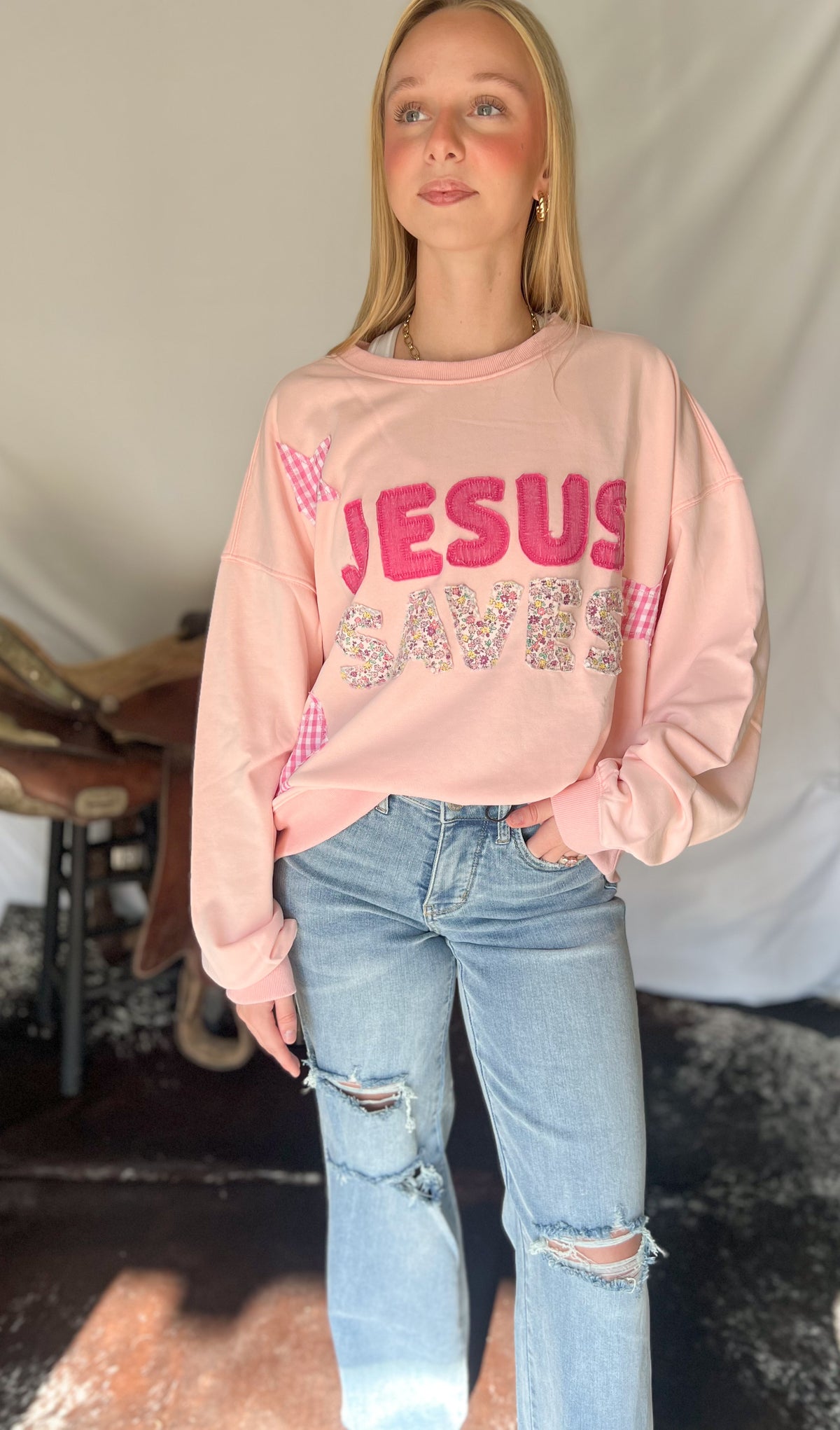 Jesus Saves Patchwork Sweatshirt