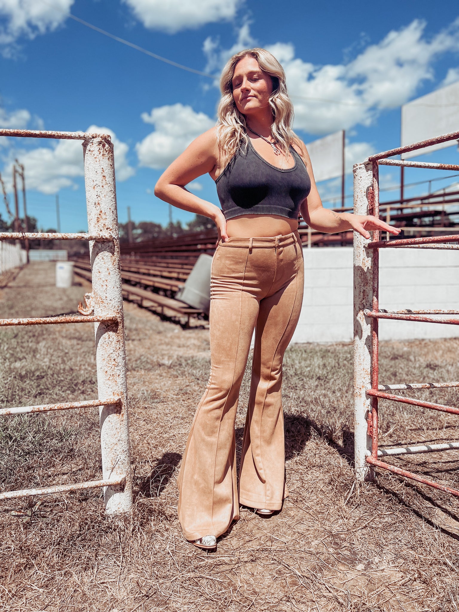 Throwback Tan Suede Flare Pants - L 8/10