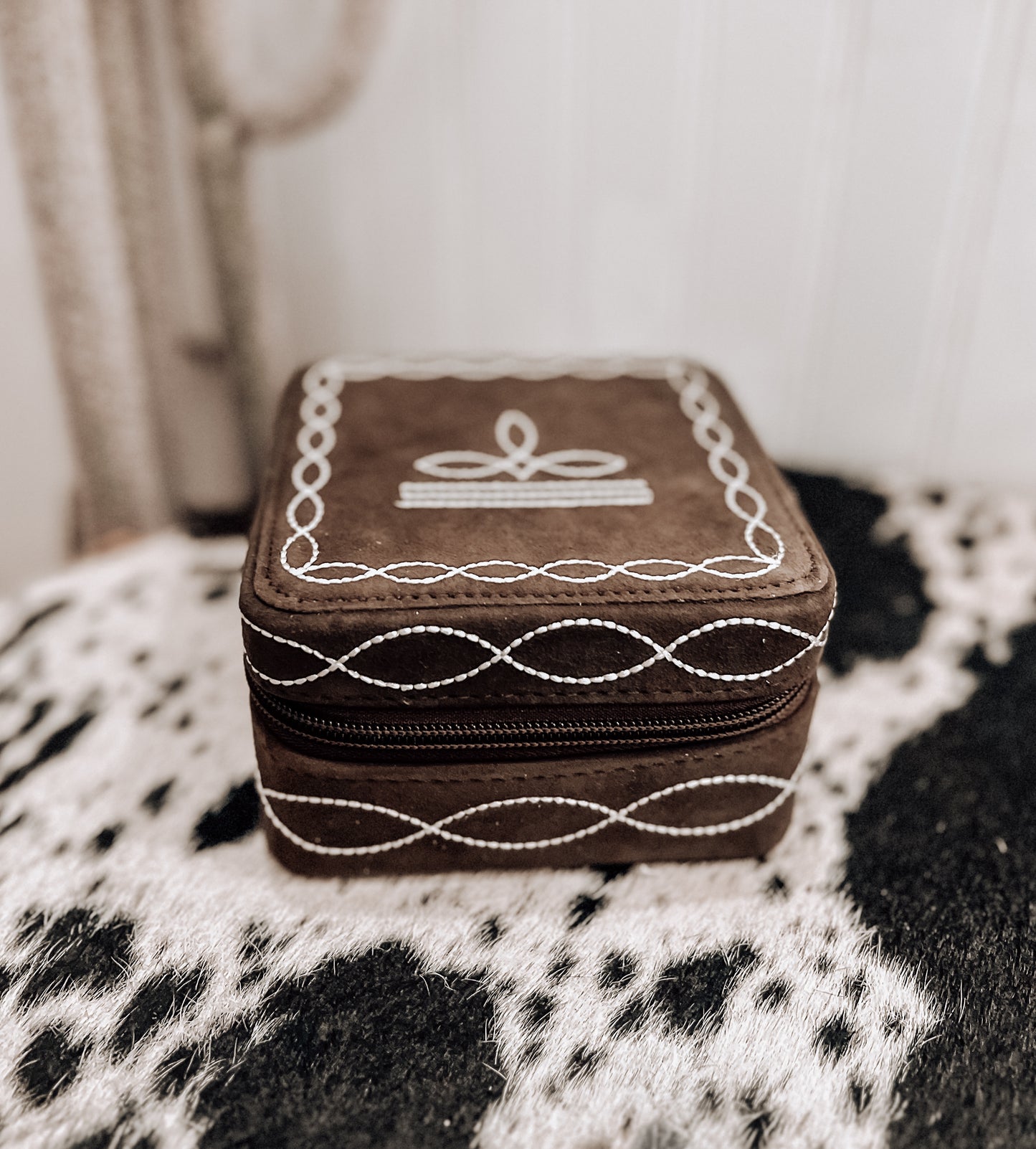 Brown Boot Stitch Square Jewelry Box