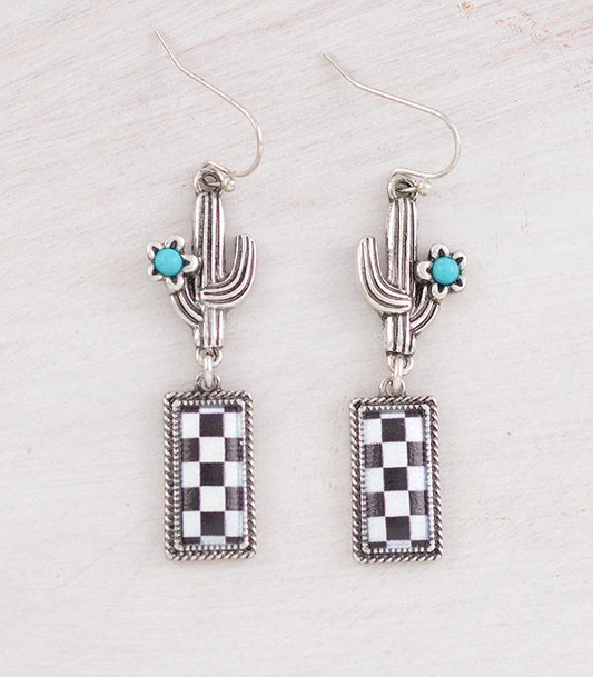 Checkered Bar & Cactus Earrings