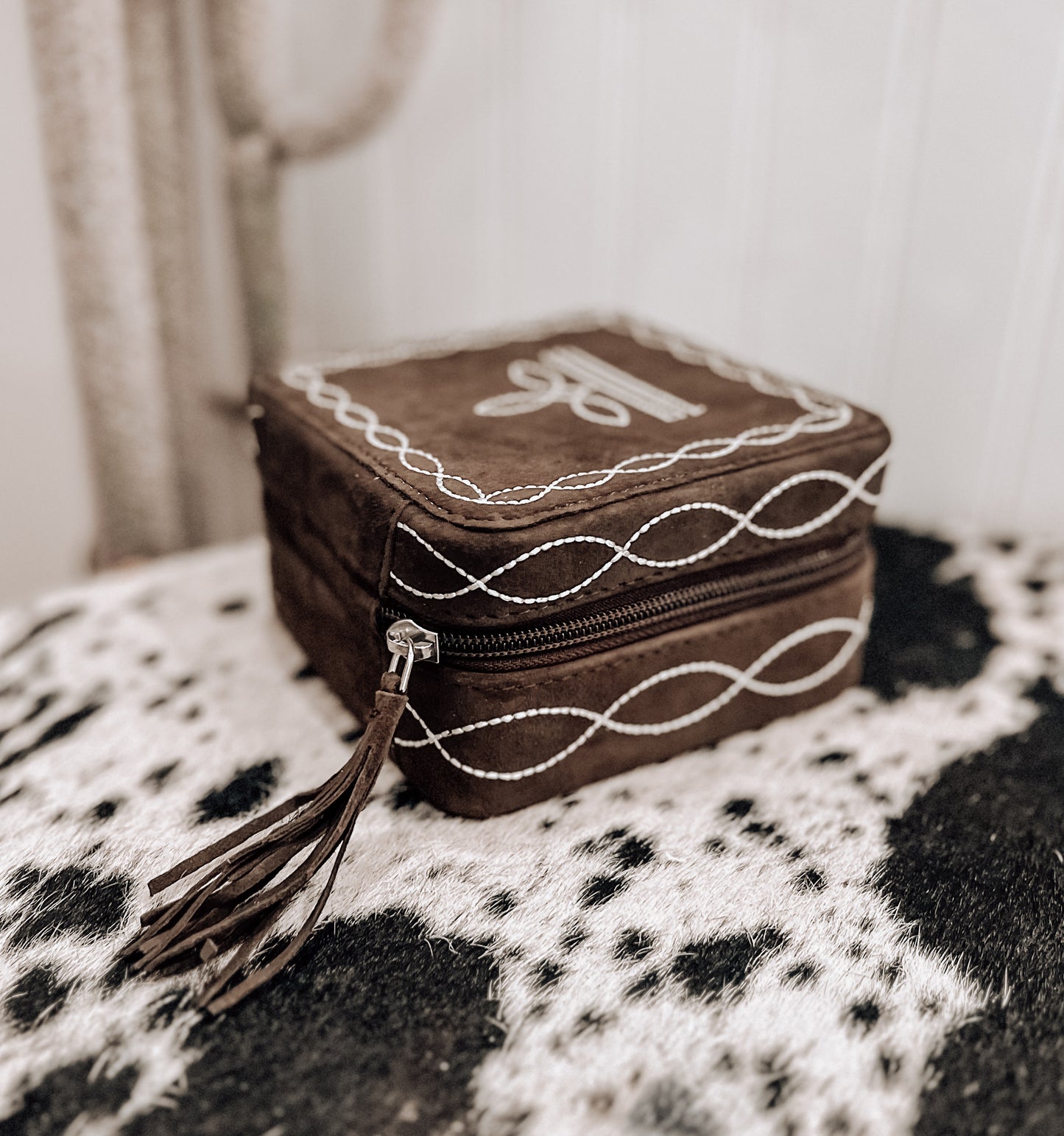Brown Boot Stitch Square Jewelry Box