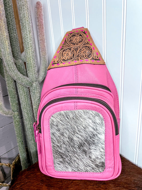 Pink Tooled Leather & Cowhide Sling Bag