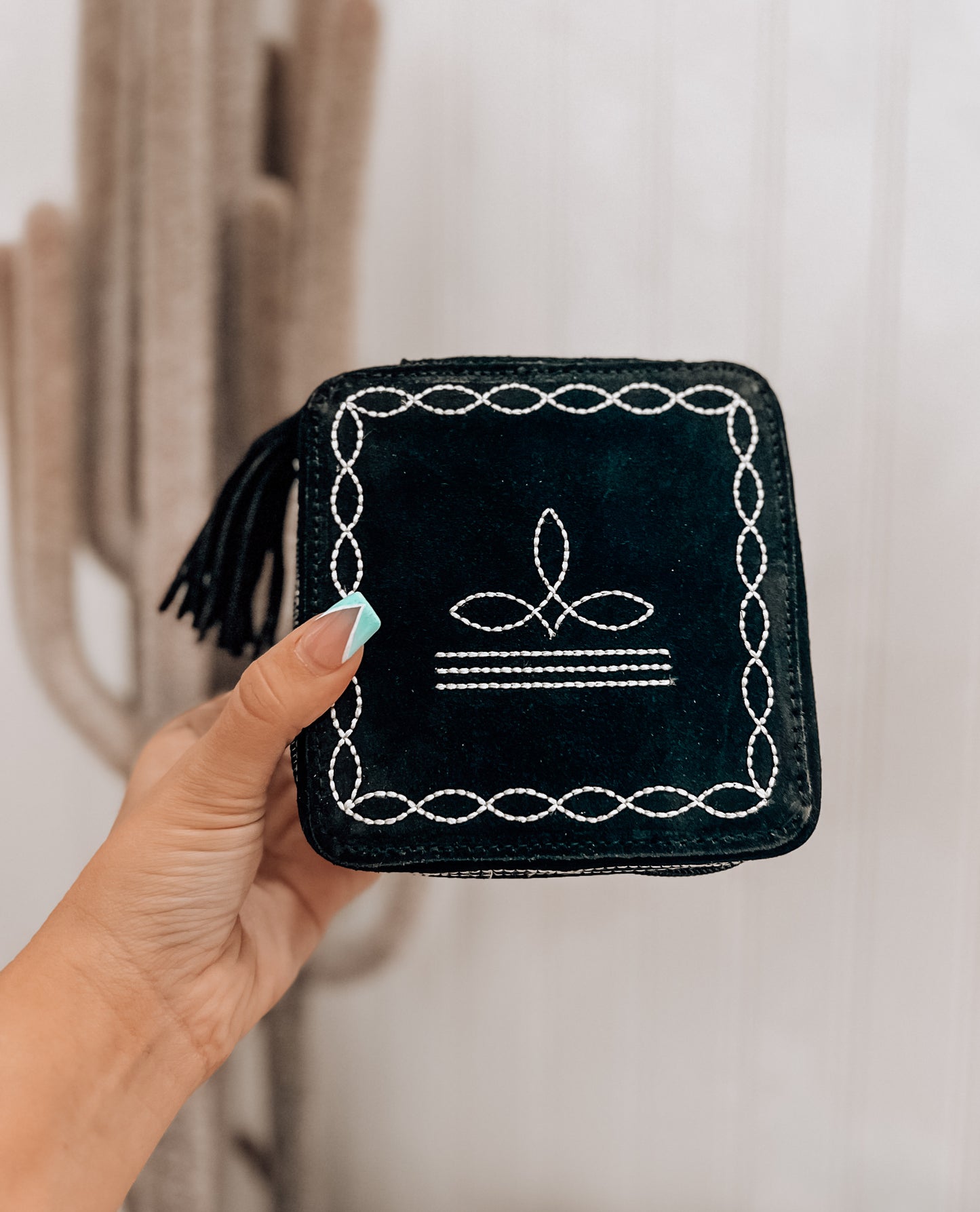 Black Boot Stitch Square Jewelry Box