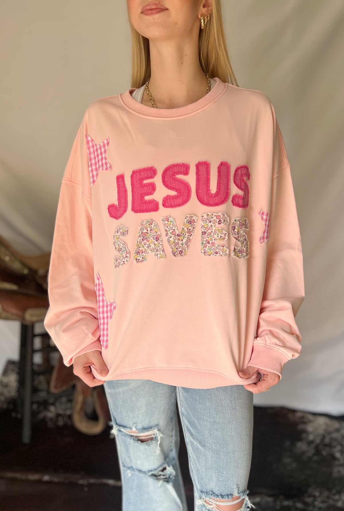 Jesus Saves Patchwork Sweatshirt
