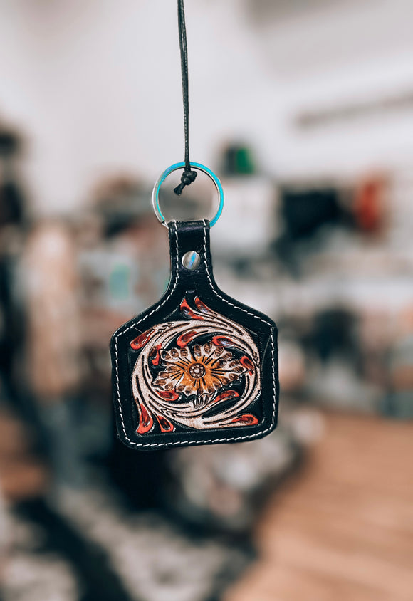Magnolia Red Hand Tooled Keychain