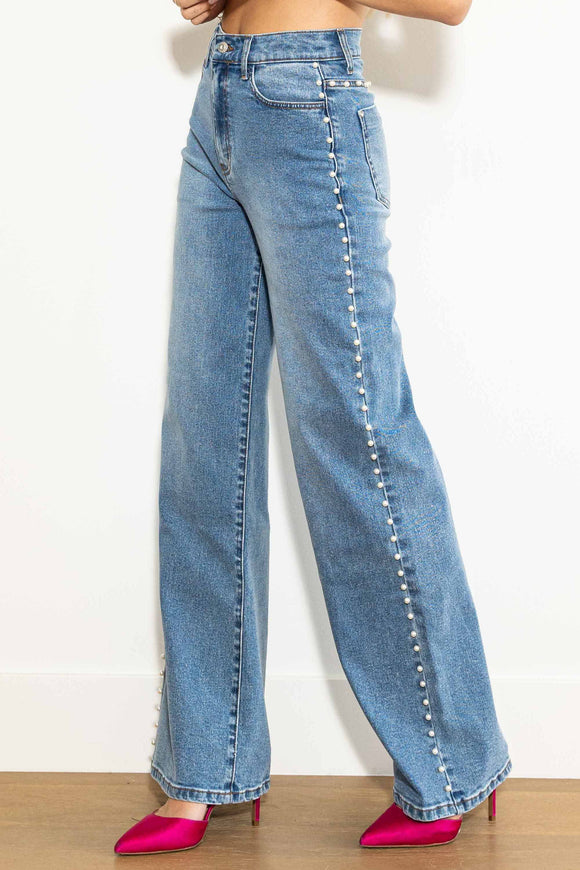 High Quality Pearls Straight Wide Leg Fleece Lined Jeans Womens