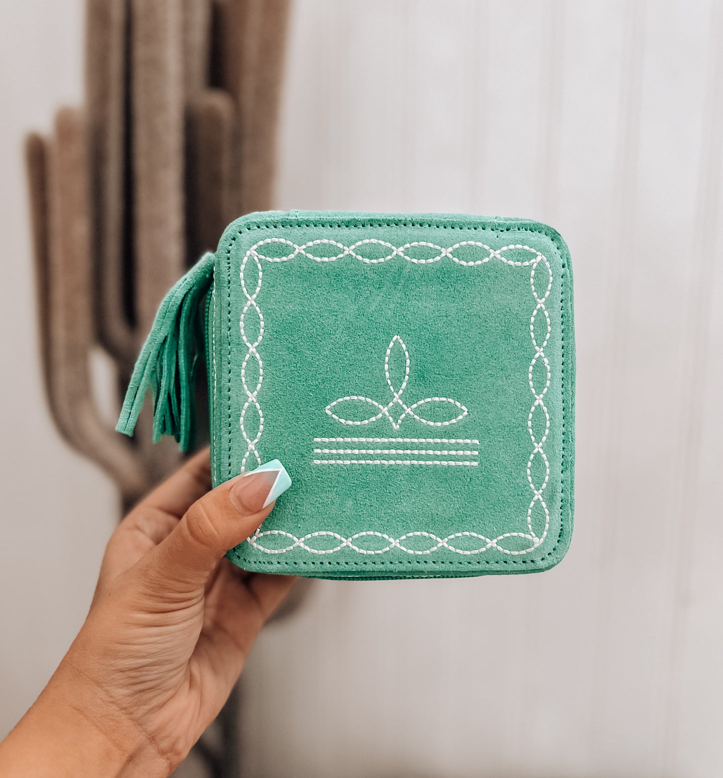 Turquoise Boot Stitch Square Jewelry Box