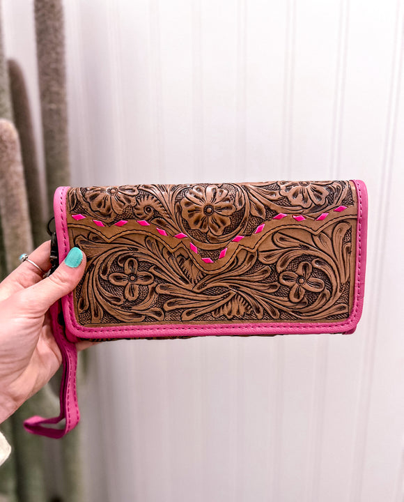 Tooled Leather Wallet- Pink