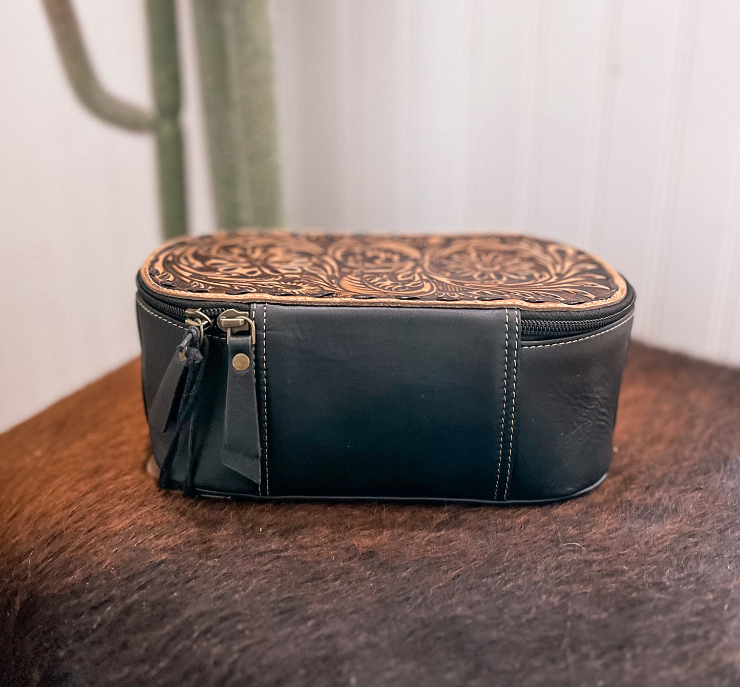 Black Tooled Leather Make Up Bag