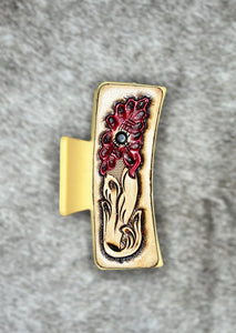 Red Flower Tooled Leather Claw Clip