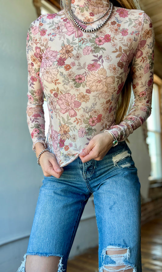 Clay Rose Floral Mesh Long Sleeve